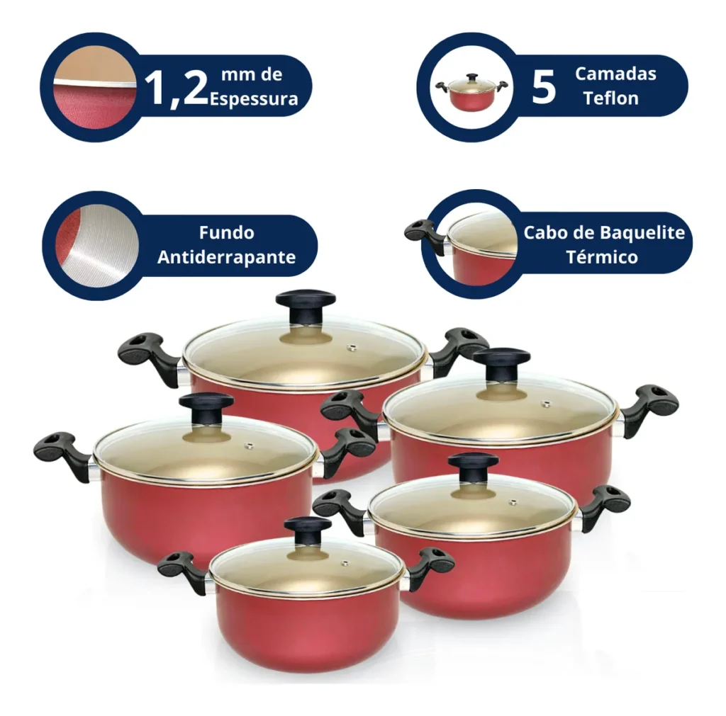 Conjunto Jogo Panelas Caçarola Antiaderente com Tampa de Vidro – 5 Peças Alumínios Portela