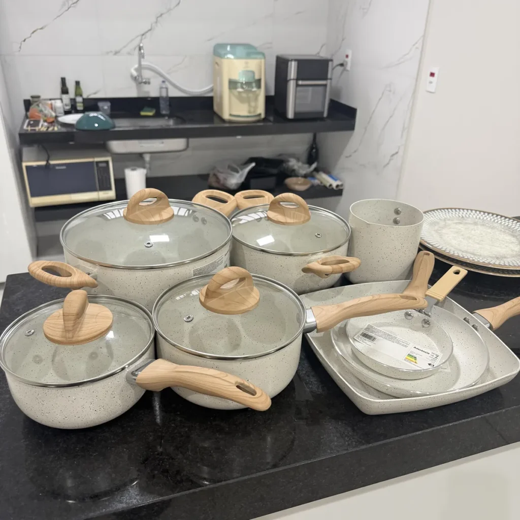 Conjunto Jogo Panelas Cerâmica Antiaderente 12 Peças 2,5mm Bege