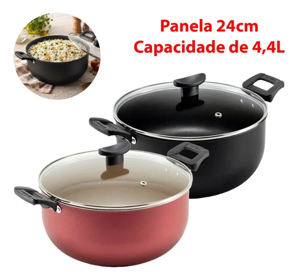 Panela Grande Robusta Teflon Antiaderente Tampa De Vidro N24 Cor Preto E Bege
